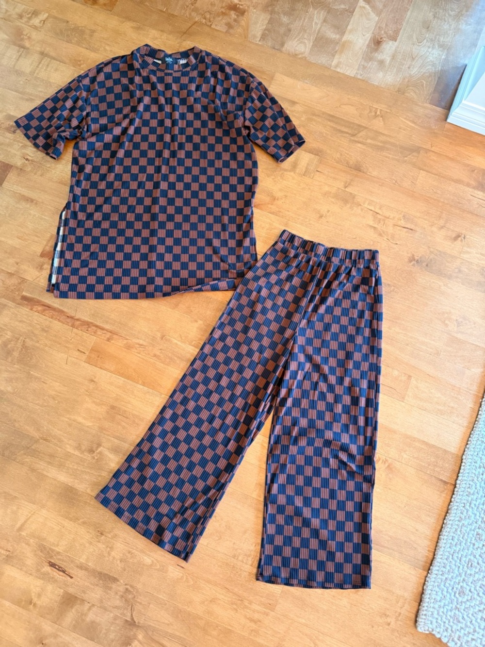 Dressed in LALA Navy & Brown Checkerboard Pantsuit, Women’s Small